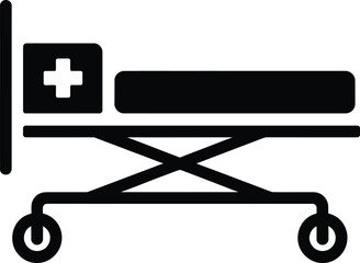 Simple black icon of a hospital gurney with a pillow and a medical cross, symbolizing healthcare and patient transport in medical facilities.