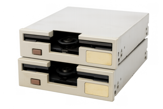 Stacked 5.25 inch floppy disk drives ready for installation. Obsolete computer hardware with transparent background