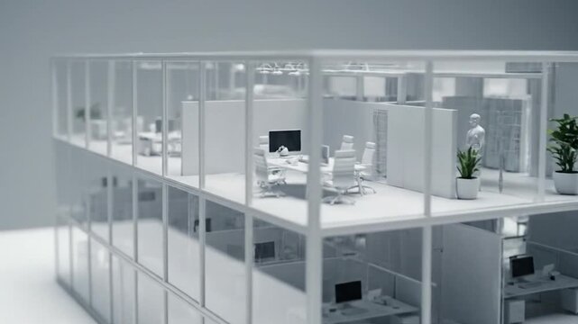 Minimalist model of office building with glass walls and cubicles