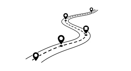 A winding road with map pin markers representing a journey, route planning, or a strategic roadmap with milestones