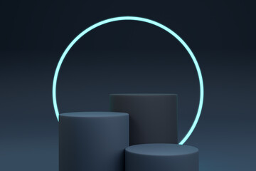 Futuristic 3D Podium with Neon Glow In Dark Studio. Modern Sci Fi Stage for Product Display, Technology Showcase, Award Exhibition. Realistic Blue Light Pedestal Scene with Elegant Aesthetic