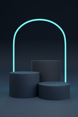 Futuristic 3D Podium with Neon Glow In Dark Vertical Studio. Modern Sci Fi Stage for Product Display, Technology Showcase, Award Exhibition. Realistic Blue Light Pedestal Scene with Elegant Aesthetic