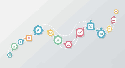 Modern infographic design template featuring a winding timeline with colorful flat icons illustrating a business process, project roadmap, or workflow steps