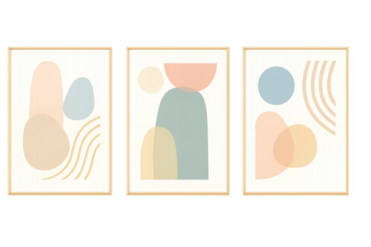 Abstract geometric boho wall art triptych with pastel colors