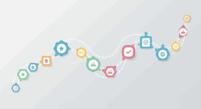 Modern infographic design template featuring a winding timeline with colorful flat icons illustrating a business process, project roadmap, or workflow steps