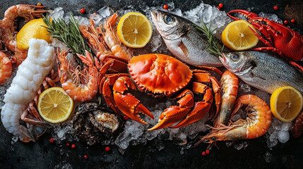 Fresh Seafood Platter with Crab, Shrimp, Fish, and Lemon on Ice