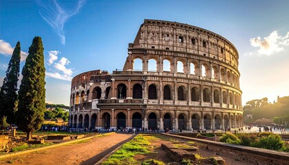 Rome Colosseum Under Bright Sunlight with Blue Sky Ancient Architecture and Green Vegetation Roman...