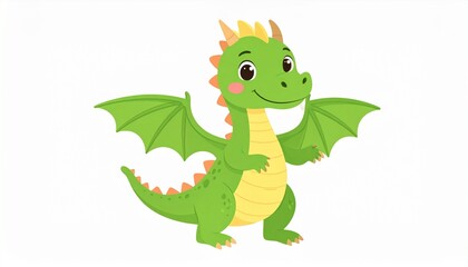 Fototapeta premium Cute cartoon green dragon. Fairy cute dragonfly. Baby fire dragon or dinosaur cute 