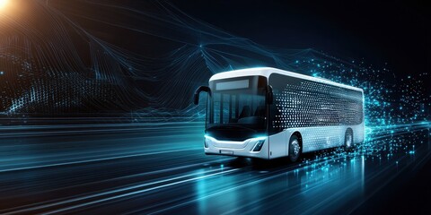 A futuristic bus illuminated by digital lights, speeding through a high-tech environment, symbolizing advanced transport and innovation.