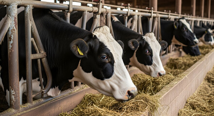 Cows in Farm Barn Feeding on Hay Producing Milk Dairy Farming Livestock Agriculture Animal Husbandry Food Industry Sustainable Farming Modern Farming Rural Life Stock
