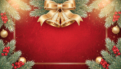 A festive holiday design featuring golden bells, pine branches, red berries, and a rich red background ideal for Christmas greetings.