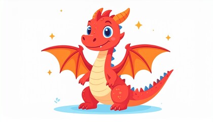 Fototapeta premium Cute cartoon red dragon. Fairy cute dragonfly. Baby fire dragon or dinosaur cute 