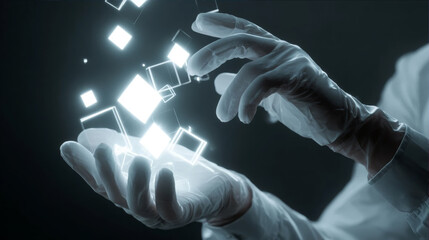  Scientist's Hands Interacting with Glowing Digital Data Cubes