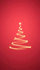 A glowing, spiral Christmas tree illustration against a vibrant red background, evoking festive cheer and holiday spirit.