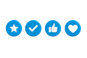 Four blue circular icons with white symbols including a star checkmark thumbs up and heart isolated on transparent background