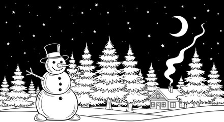 A cheerful snowman in a snowy winter landscape at night with a cozy cabin, pine trees, and a crescent moon.