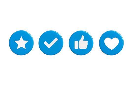 Four blue circular icons with white symbols including a star checkmark thumbs up and heart isolated on transparent background