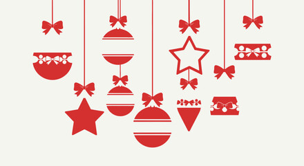 Red Christmas ornaments, including stars, balls, and gift boxes, hanging from strings with bows on a light background.