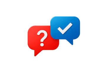 Two speech bubbles one red with a question mark and one blue with a checkmark isolated on transparent background