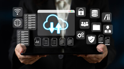 Cloud upload and download icon with surrounding data management, security, and analytics icons in digital interface Parse