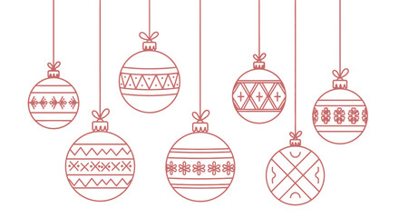 A collection of seven Christmas ornaments hanging with various geometric patterns, depicted in a minimalist line art style.