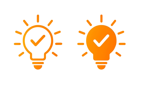 Two orange glowing light bulbs with checkmarks inside symbolizing ideas and success isolated on transparent background