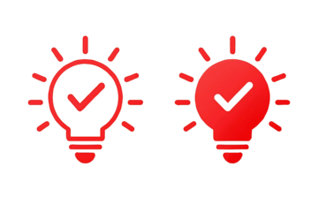 Two red glowing light bulb icons with checkmarks inside representing successful ideas or solutions isolated on transparent background