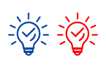 Two glowing neon light bulb outlines with checkmarks inside representing ideas or solutions isolated on transparent background