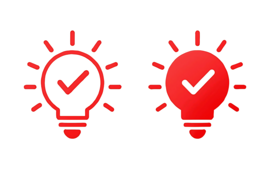 Two red glowing light bulb icons with checkmarks inside representing successful ideas or solutions isolated on transparent background