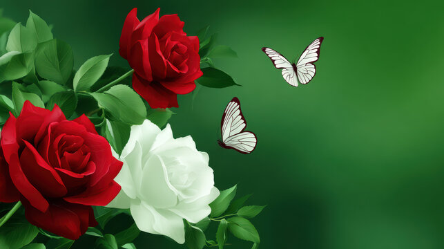 Beautiful red and white roses with delicate butterflies floating against a blurred green background create a serene and elegant nature-inspired composition.