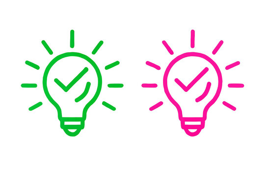 Two glowing neon light bulbs with checkmarks inside symbolizing successful ideas or solutions isolated on transparent background