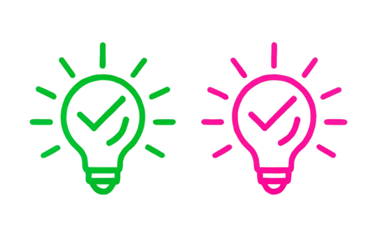 Two glowing neon light bulbs with checkmarks inside symbolizing successful ideas or solutions isolated on transparent background
