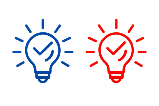 Two glowing neon light bulb outlines with checkmarks inside representing ideas or solutions isolated on transparent background