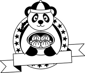 black and white logotype of a cartoon panda holding a bowl of dumplings