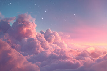 Serene celestial view featuring soft, pastel clouds and distant stars.
