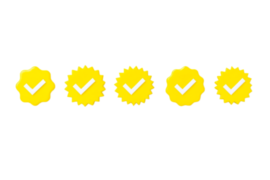Five golden starburst badges with white checkmarks signifying approval and verification isolated on transparent background