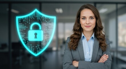Data protection security shield with businesswoman