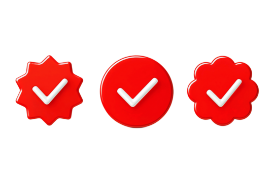 Three red checkmark icons in different shapes representing approval verification and confirmation isolated on transparent background
