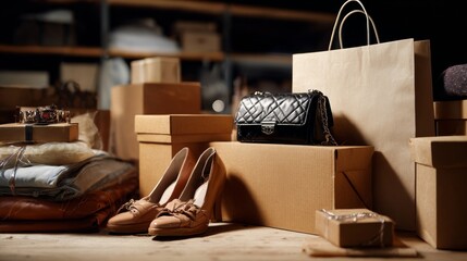 Fashion Items and Shopping Bags on Wooden Table