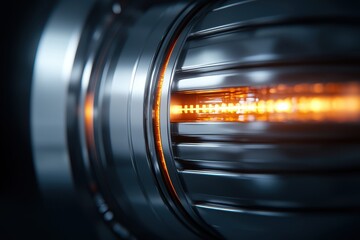 A close-up view of a metallic device showcasing intricate details and an illuminated orange light, conveying a sleek and modern aesthetic.