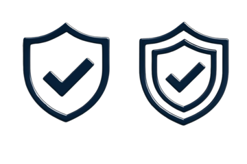 Two stylized metallic shield icons with a checkmark inside representing security and protection isolated on transparent background