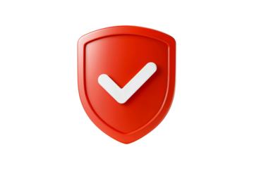 Red shield with white check mark symbolizing security and approval isolated on transparent background