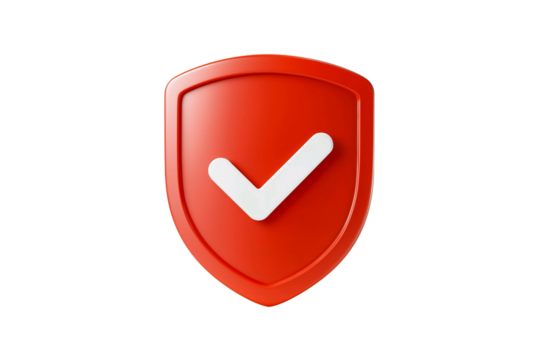 Red shield with white check mark symbolizing security and approval isolated on transparent background