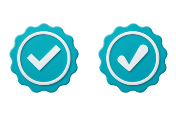 Two turquoise verification badges with white checkmarks inside a circle and a scalloped edge isolated on transparent background