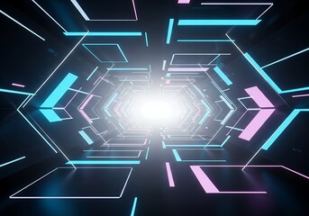 Futuristic Neon Hexagonal Tunnel Background with Glowing Blue and Pink Lines and Bright Light Portal