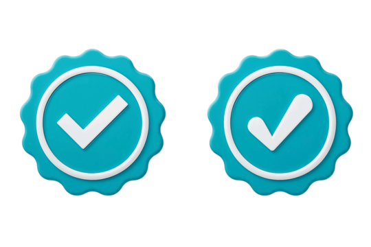 Two turquoise verification badges with white checkmarks inside a circle and a scalloped edge isolated on transparent background