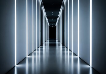 Minimalist Futuristic Corridor with Glowing Vertical Light Strips and Reflective Floor in a Dark Space