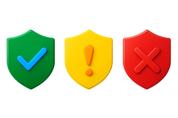 Three colorful shields representing security and status green with checkmark yellow with exclamation mark and red with cross isolated on transparent background
