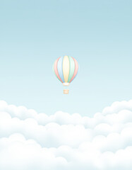 Naklejka premium A colorful hot air balloon floats above fluffy clouds in a serene blue sky, creating a peaceful and dreamy atmosphere.