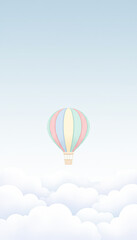 Fototapeta premium A colorful hot air balloon floats above fluffy white clouds in a serene blue sky.